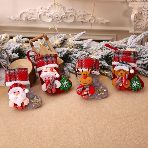 Decorazione Calza di Natale Mini Ornamenti Appesi Plaid 3D Babbo Natale Pupazzo di Neve Renna Orso Bambola di Peluche Camino