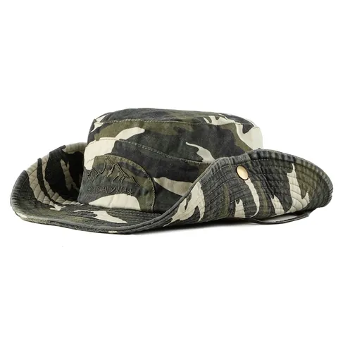 Camouflage Bucket Hat Wide Brim Cotton Canvas Sun Protection Outdoor Fishing Hiking Tactical Boonie Hat With Chin Strap