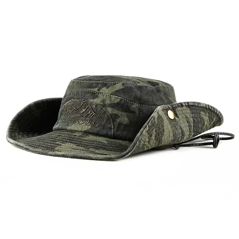 Camouflage Bucket Hat Wide Brim Cotton Canvas Sun Protection Outdoor Fishing Hiking Tactical Boonie Hat With Chin Strap