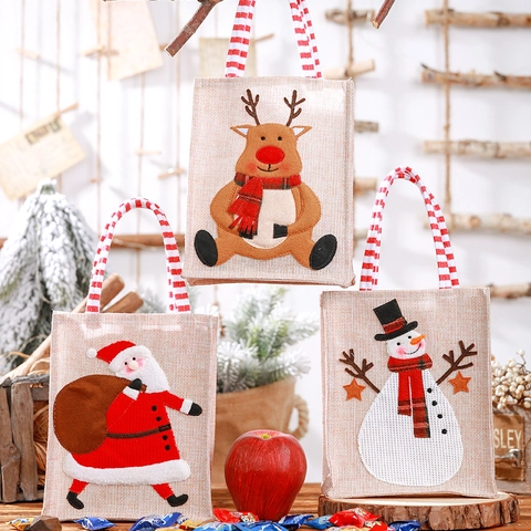Weihnachtsgeschenk Tragetasche Leinen Sackleinen 3D Stickerei Weihnachtsmann Schneemann Rentier Cartoon Muster Party Süßigkeiten