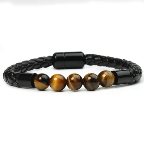 Men Braided Leather Bracelet Natural Stone Beads Tiger Eye Lava Stone Magnetic Clasp Vintage Punk Jewelry