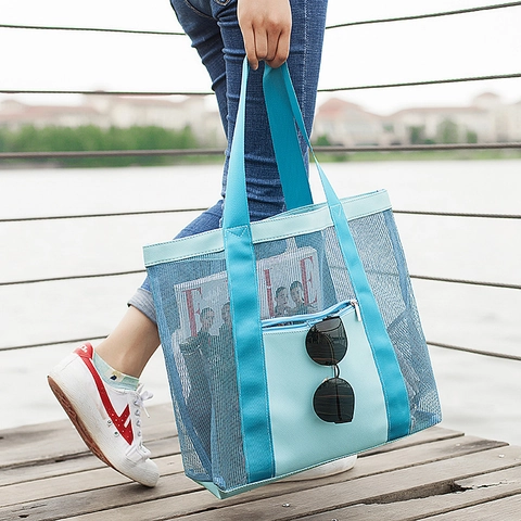 Mesh Tragetasche Atmungsaktiv PVC Große Kapazität Strand Reise Schwimmen Aufbewahrung Tragbare Schultertasche Reißverschluss