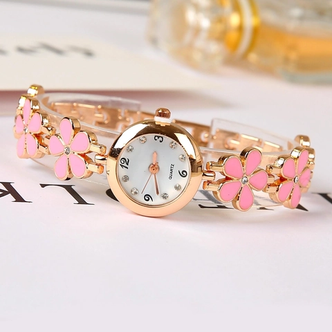 Orologio Quarzo Donna Cinturino Fiori Elegante Gioielli Moda Strass Lega Acciaio Inossidabile Chiusura Quadrante Rotondo