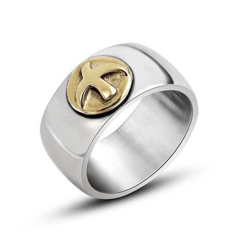 Men Signet Ring Stainless Steel Two Tone Gold Flying Bird Pigeon Emblem Vintage Wide Band Retro Jewelry Gift