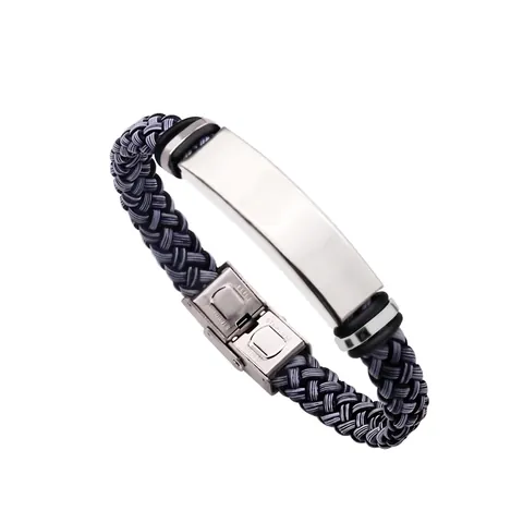 Men Woven Leather Bracelet With Polished Stainless Steel ID Plate Minimalist Geometric Style Jewelry