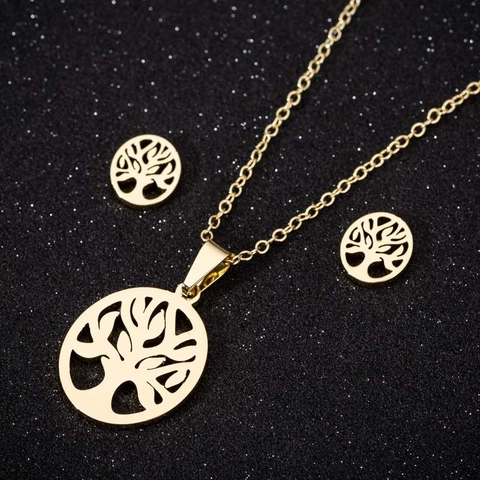 Fashion Stainless Steel Jewelry Hollow Round Tree Of Life Pendant Necklace And Stud Earrings For Women Minimalist