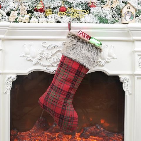 Calcetín De Navidad Cuadros Rojo Verde Piel Sintética Bolsa De Regalo Decoración De Chimenea Adorno Navideño