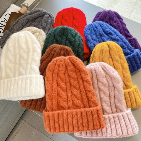 Cable Knit Beanie Hat Thickened Warm Winter Cuffed Cap For Women Men Solid Color Outdoor Casual Soft Fashionable