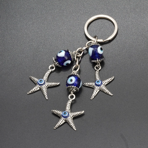 Evil Eye Schlüsselanhänger Mit Seestern Anhängern Blaue Glasperlen Legierung Glücksbringer Tasche Anhänger