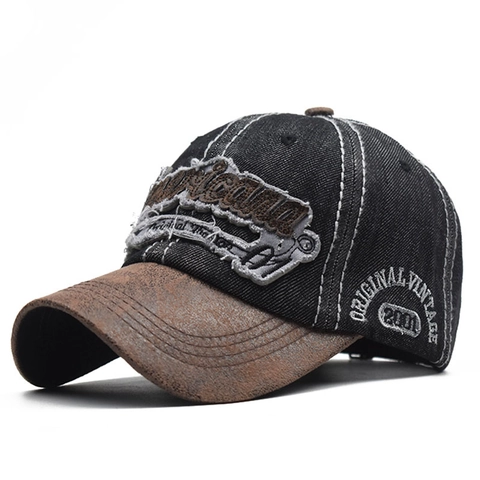 Cappello Da Baseball Vintage Cotone Lavato Denim Pelle PU Patchwork Distressed American Retro Ricamo Unisex