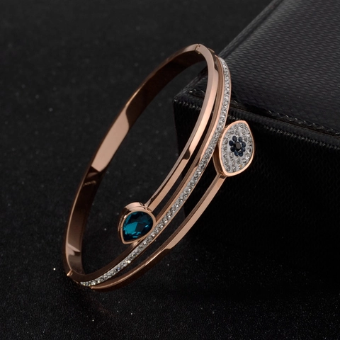 Bracciale Aperto Occhio Del Male Acciaio Al Titanio Placcato Oro Rosa Doppio Strato Zircone Blu Goccia Gioielli Donna