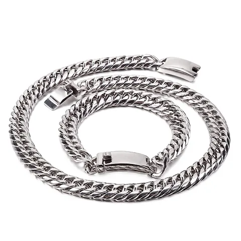 Men Stainless Steel Cuban Link Chain Necklace And Bracelet Hip Hop Punk Chunky Polished Jewelry Accessory