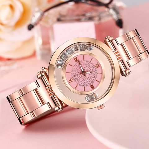 Fashion Women Quartz Watch Stainless Steel Strap Starry Sky Dial Rhinestone Floating Diamond Elegant Ladies Wristwatch