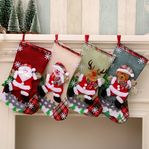 Calcetín De Navidad De Arpillera Rústica Con Muñeco De Nieve Santa Claus Reno Oso 3D Tela De Cuadros Colgante