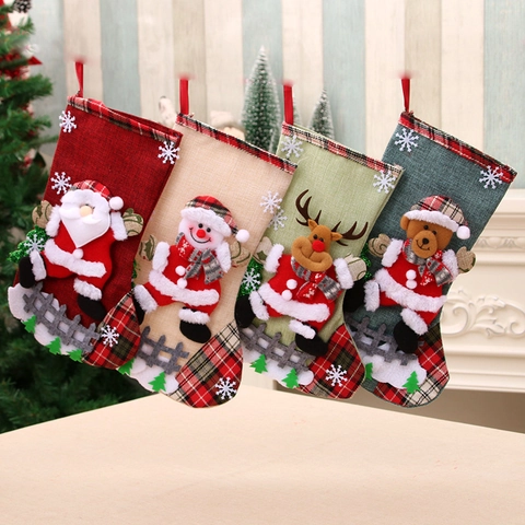 Calcetín De Navidad De Arpillera Rústica Con Muñeco De Nieve Santa Claus Reno Oso 3D Tela De Cuadros Colgante