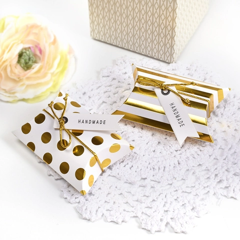Mini Boîtes Cadeaux Oreiller Papier Blanc Dorure Pois Rayures Motif Mariage Fête Cadeau Emballage Bonbons Fait Main