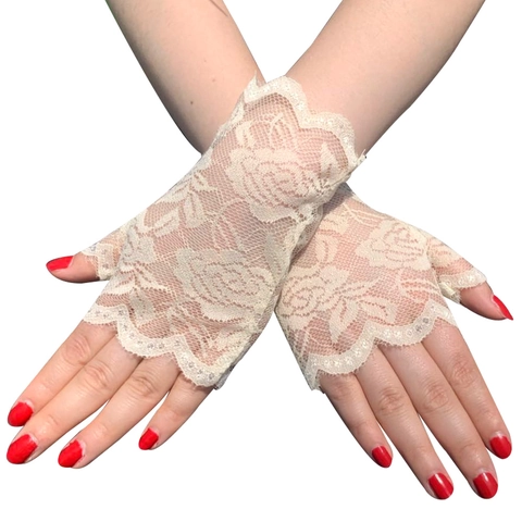 Gants Sans Doigts En Dentelle Pour Femmes Motif Fleuri Bord Festonné Court Vintage Élégant Mariage Fête Bal Accessoires