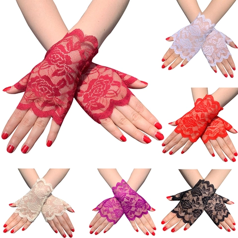 Gants Sans Doigts En Dentelle Pour Femmes Motif Fleuri Bord Festonné Court Vintage Élégant Mariage Fête Bal Accessoires