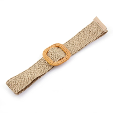 Women Woven Straw Belt Elastic Waist Strap With Wooden Style Round Square Buckle Bohemian Casual Dress Decoration