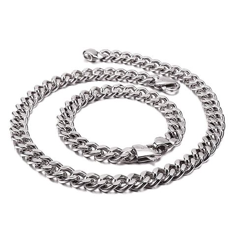 Men Stainless Steel Cuban Link Chain Necklace And Bracelet Interlocking Polished Hip Hop Punk Jewelry