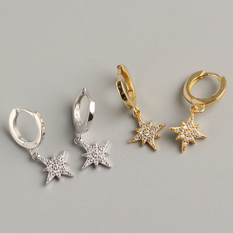 Octagram Star Charm Hoop Earrings 925 Sterling Silver Cubic Zirconia Inlaid Trendy Minimalist Jewelry For Women