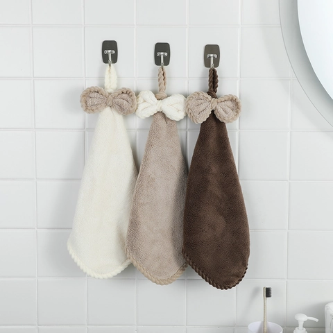Hanging Hand Towel Coral Fleece Bowknot Absorbent Kitchen Bathroom Quick Dry Soft Cute Decorative