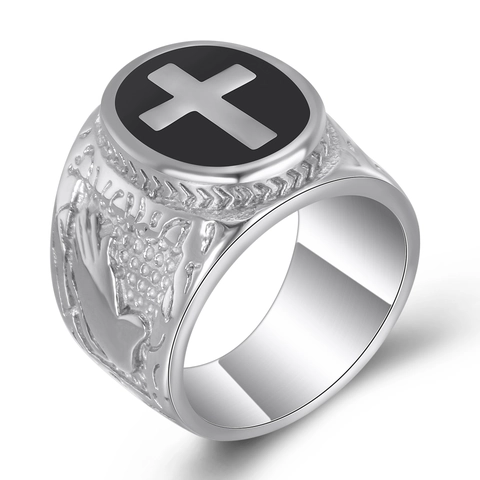 Anello Da Sigillo Da Uomo Vintage Acciaio Inossidabile 304 Croce Religiosa Mani In Preghiera Rilievo Gioielli Punk