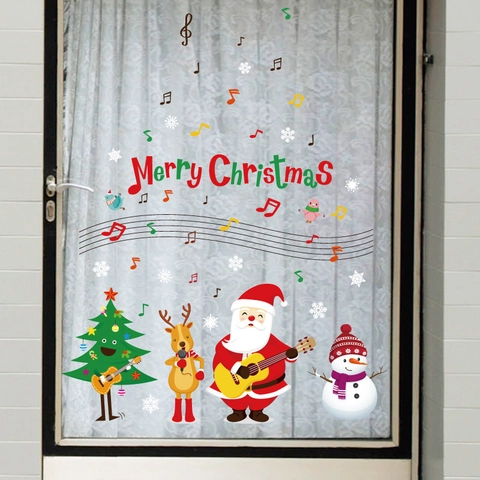 Christmas Window Stickers PVC Santa Claus Reindeer Snowman Cartoon Musical Note Waterproof Removable Glass Door Decor