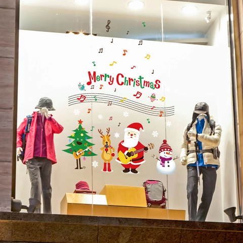 Christmas Window Stickers PVC Santa Claus Reindeer Snowman Cartoon Musical Note Waterproof Removable Glass Door Decor
