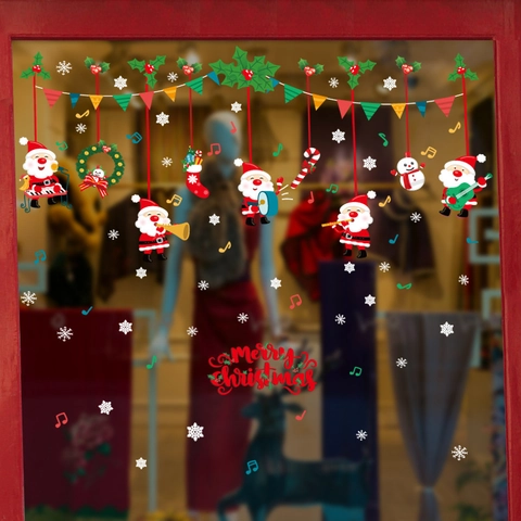 Christmas Window Stickers Santa Claus Musician Snowman Snowflake Music Notes PVC Static Cling Holiday Decor Wall Decals