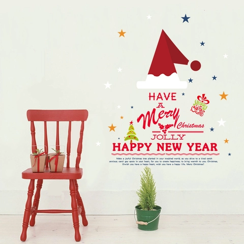 Christmas Wall Stickers PVC Waterproof Removable Santa Hat Stars Window Decals For Home Shop Festive Party Decoration