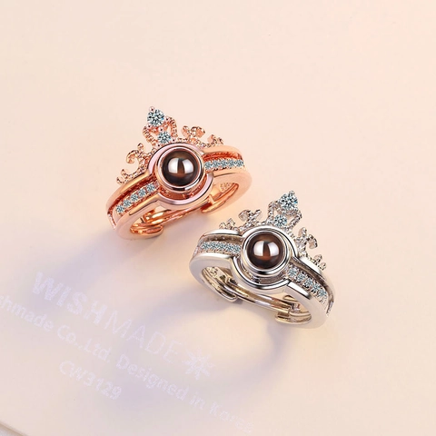 100 Languages I Love You Projection Crown Ring For Women Copper Rhinestone Adjustable Couple Ring Trendy Fashion Jewelry Gift