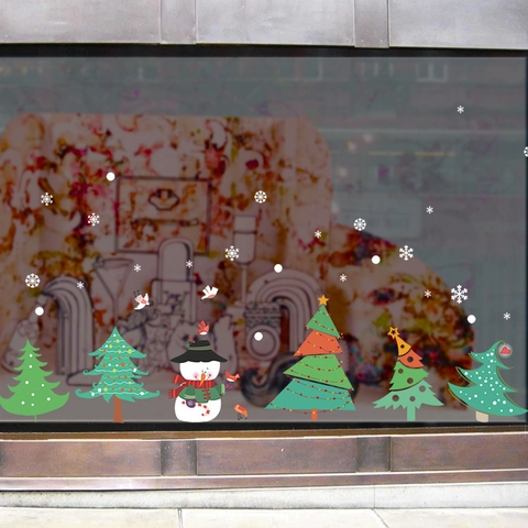 Pegatinas De Pared Árbol De Navidad PVC Impermeable Decoración Ventana Puerta Cristal Muñeco De Nieve Copo Dibujos