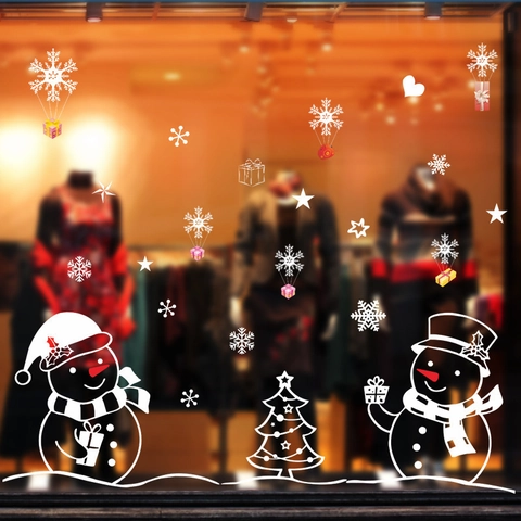 Christmas Window Stickers PVC Waterproof Snowman Tree Snowflake Glass Decals For Shop Home Festive New Year Decoration