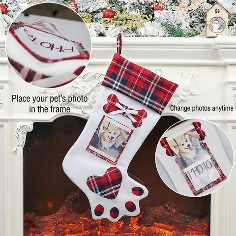 Calza Di Natale Forma Zampa Di Cane Motivo A Quadri Con Cornice Per Foto Tema Animali Decorazione Da Appendere