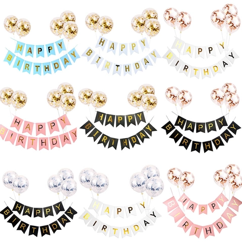 Happy Birthday Banner And Sequin Confetti Balloons Latex Paper Decorations For Room Party Home Surprise Decor