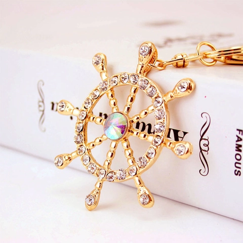 Kreativer Nautischer Schiffsruder Schlüsselanhänger Zinklegierung Strass Eingelegt Gold Anhänger Schlüsselring Für Auto Tasche Damen Schmuck
