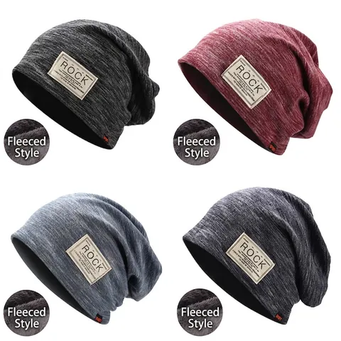 Winter Slouchy Beanie Hat Double Layer Thick Knitted Cap Fleece Lined Warm Ear Protection ROCK Patch For Men Women Unisex