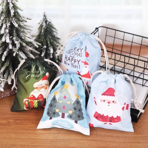 Sacchetti Regalo Natale Tela Cotone Coulisse Sacchetto Caramelle Cartone Babbo Natale Renna Stampa Bomboniera Festa Vacanze