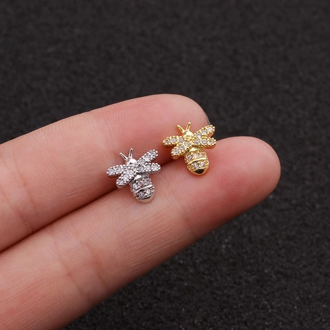 Mini Bee Stud Earrings Stainless Steel Rod Copper Inlaid Zircon Screw Ball Back Cute Animal Piercing Jewelry Women