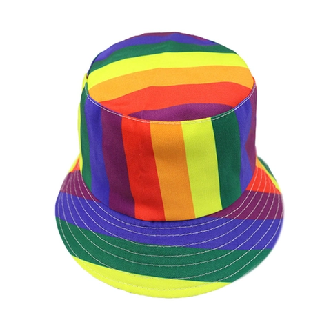 Rainbow Striped Bucket Hat Double Sided Wearable Polyester Flat Top Sun Protection Outdoor Summer Unisex Harajuku Pride