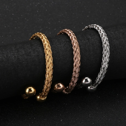 Gevlochten Gedraaide Draad Roestvrijstalen Armband Open Verstelbare Manchet Armring Met Baluiteinden Minimalistische Sieraden