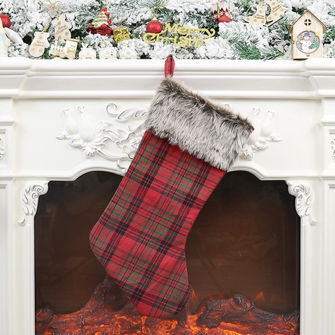 Calcetín De Navidad Cuadros Rojo Verde Piel Sintética Bolsa De Regalo Decoración De Chimenea Adorno Navideño