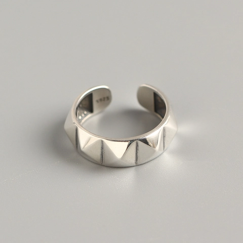 Minimalist Rivet Geometric Pyramid Open Ring 925 Sterling Silver Vintage Adjustable Punk Style Jewelry For Men Women