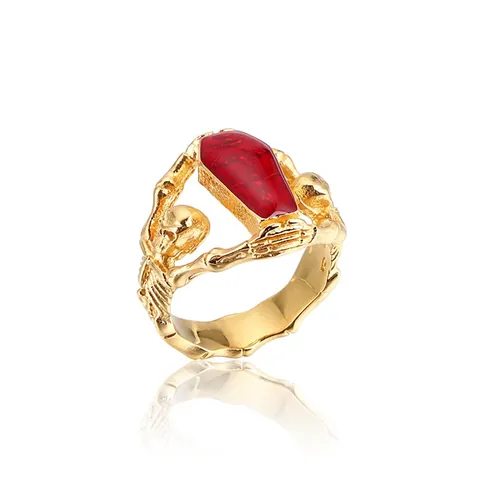 Gothik Punk Sarg Ring Für Herren Edelstahl Skelett Hand Mit Rotem Stein Vintage Biker Schmuck