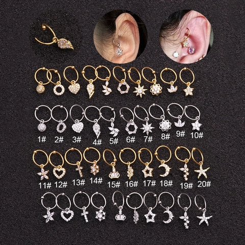 Orecchini Cerchio Cartilagine Acciaio Inossidabile Ciondolo Cuore Luna Stella Ala Zircone Gioielli Piercing Donne