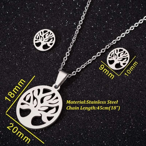 Fashion Stainless Steel Jewelry Hollow Round Tree Of Life Pendant Necklace And Stud Earrings For Women Minimalist