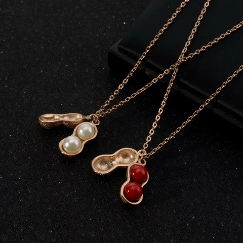 Peanut Shape Pendant Necklace Stainless Steel Clavicle Chain With Inlaid Artificial Pearl Rose Gold Elegant Fashion Jewelry For Women
