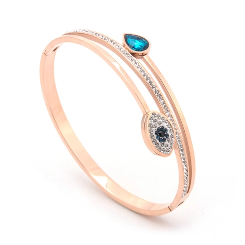 Bracciale Aperto Occhio Del Male Acciaio Al Titanio Placcato Oro Rosa Doppio Strato Zircone Blu Goccia Gioielli Donna
