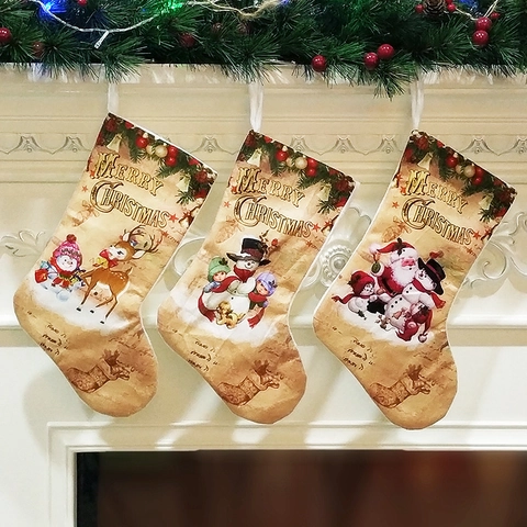 Calza Di Natale Sacchetto Regalo Tessuto Stampato Decorazione Natalizia Appesa Stile Vintage Babbo Natale Pupazzo Di Neve Renna